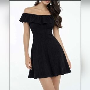 ZARA Black Knit Ribbed Ruffle Mini Dress Sz S Off The Shoulder Fit & Flare